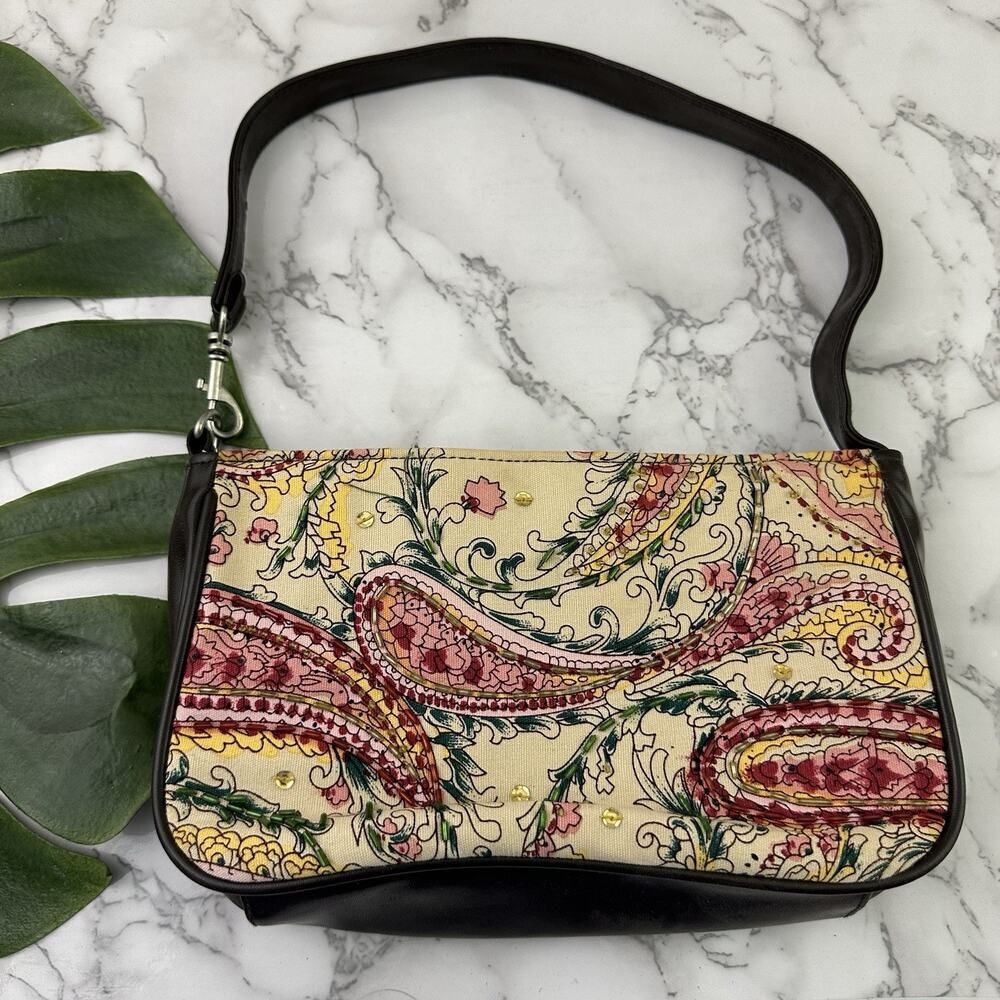 Vintage Y2k Shoulder Bag Purse Tan Pink Paisley Floral Beaded Faux Leather